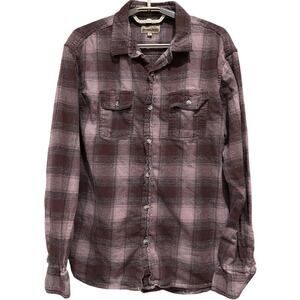 Free Nature Plaid Button Up Flannel Shirt Men Size L Brown 100% Cotton Casual